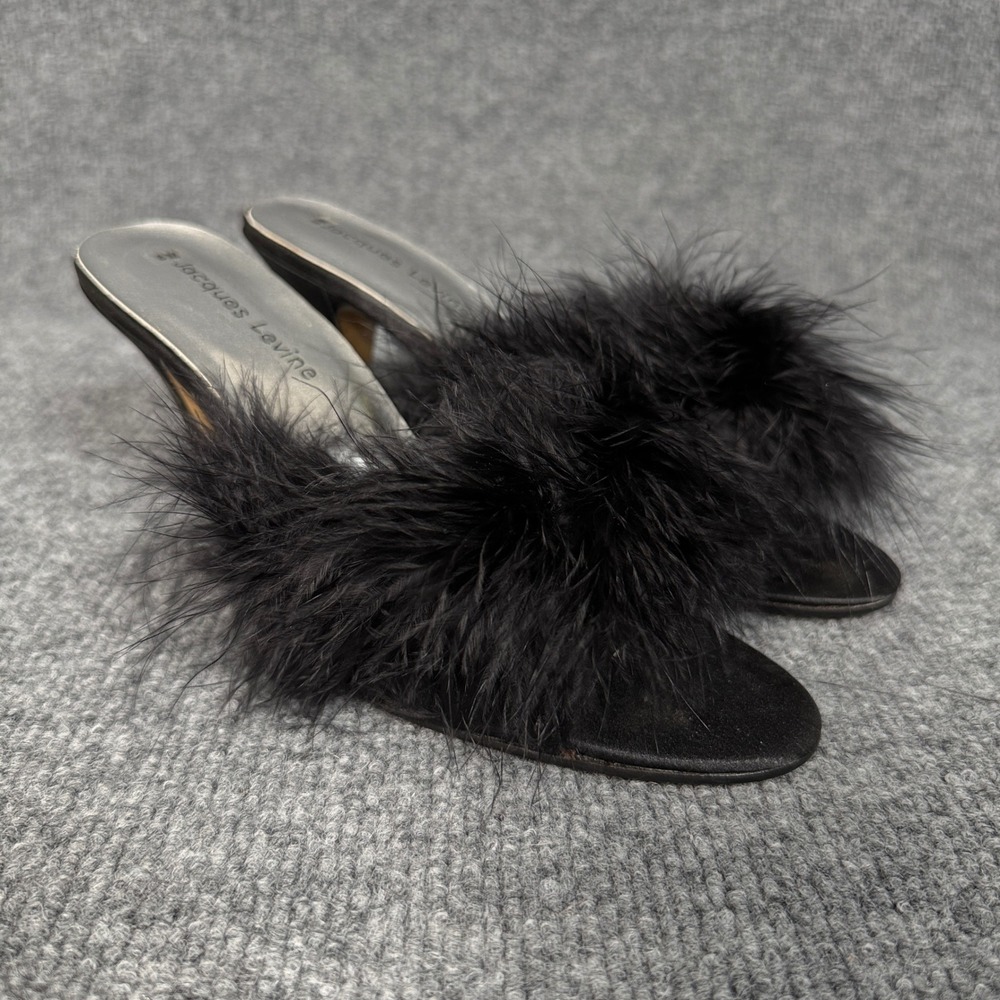 Jacques Levine Sz 8 Satin Marabou Heels Black‎ Fur Cone Peep Toe Party Hollywood